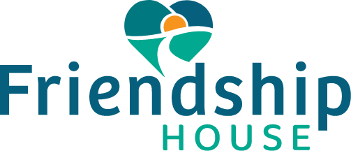 Blue and Green Friendship House Logo - Orange Sunset in a blue and green heart