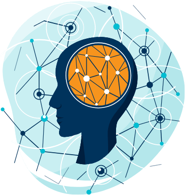 A drawing of a head with lines and dots in the brain area, surrounded by lines and dots.